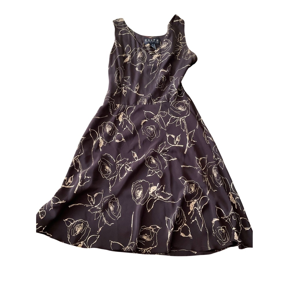 Ralph Lauren Brown Silk Blend Rose Floral Midi Dress Sleeveless Womens Vintage - Picture 1 of 2